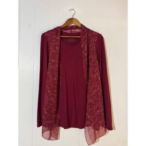 Investments Sheer Overlay Knit Top Burgundy Long Sleeve Size Medium